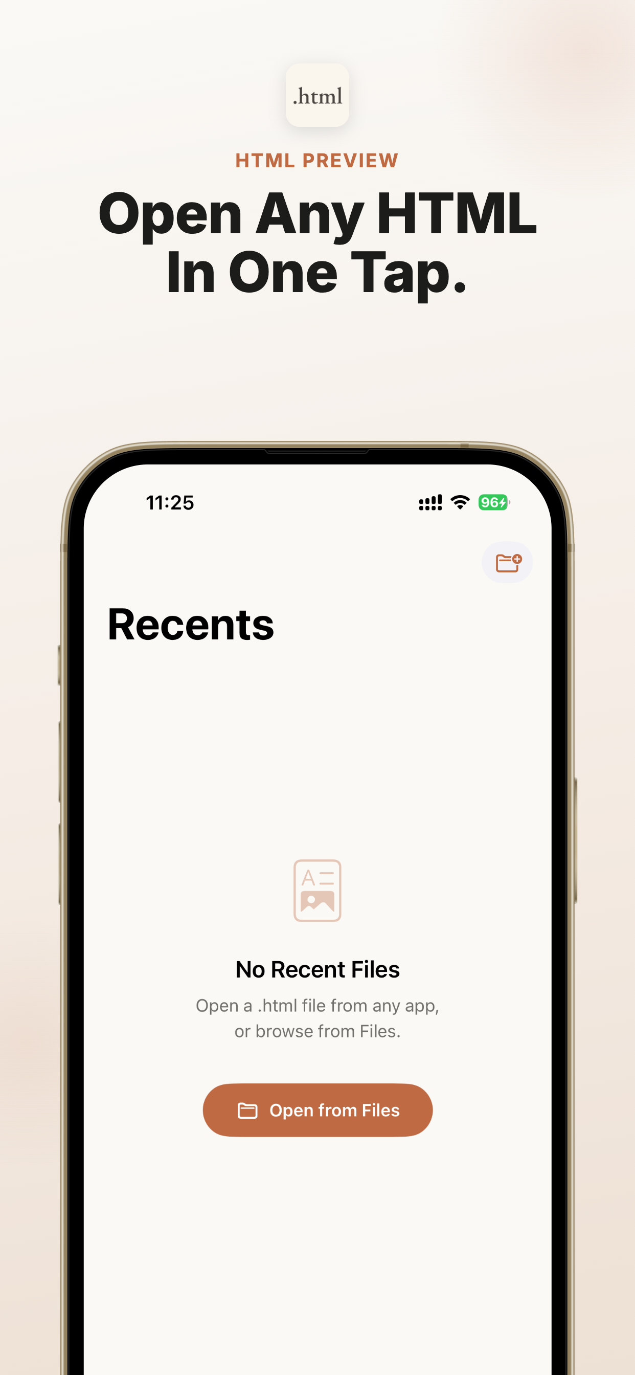 Html Preview App Store screenshot showing one-tap HTML file opening on iPhone